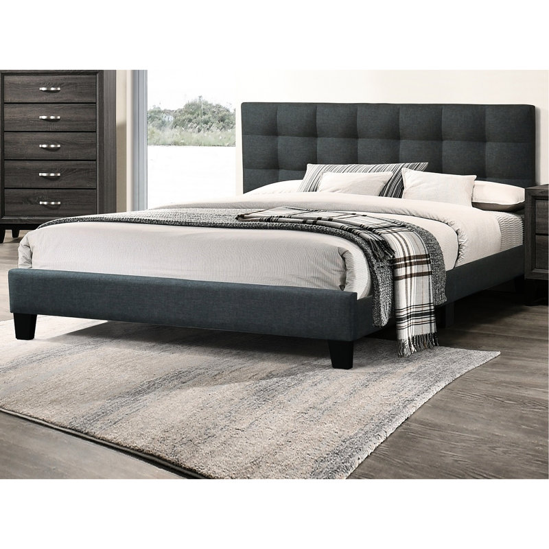 Lit de chambre à coucher gris anthracite avec tête de lit et cadre de panneau de particules, Grand lit, Gris anthracite