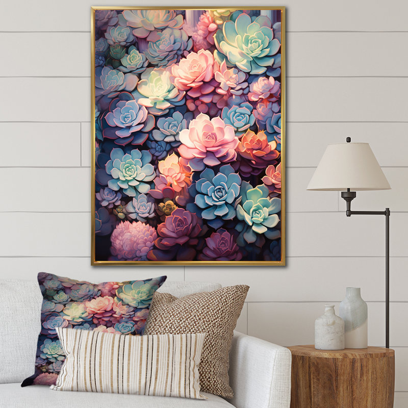 «Kouklia Colorful Succulents Dreams On», reproduction sur toile, H 20 po x l 12 po x P 1 po, Cadre flottant doré