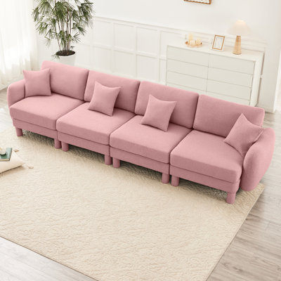 Canapé rose à 4 places en tissu bouclé avec rembourrage en mousse dense et coussins de dossier moelleux pour un espace familial décontracté
