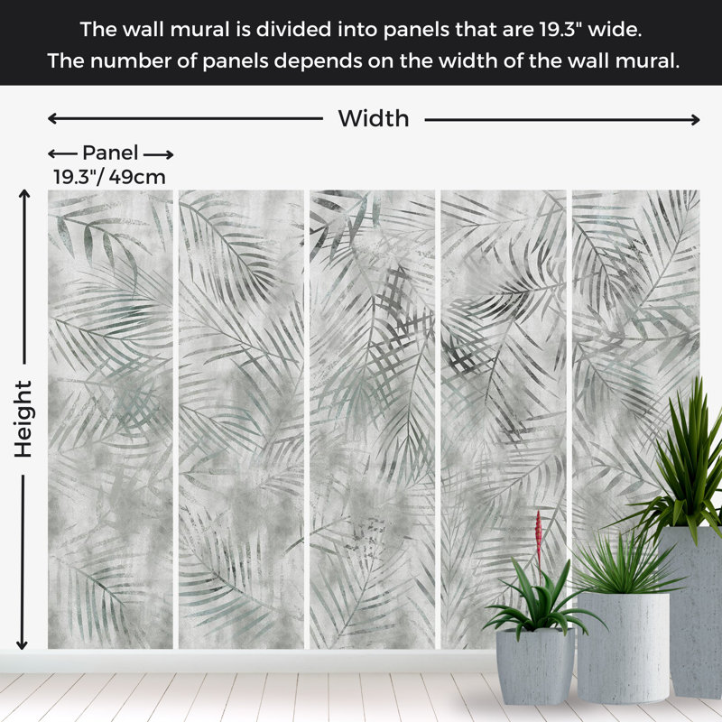 Murale botanique pelez et collez - Feuilles exotiques gris minimaliste, L 82 po x l 115 po