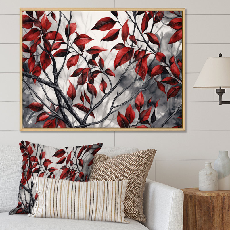Imprimé de feuilles rouges et grises sur un arbre VI, H 24 po x l 32 po x P 1 po, Cadre naturel flottant