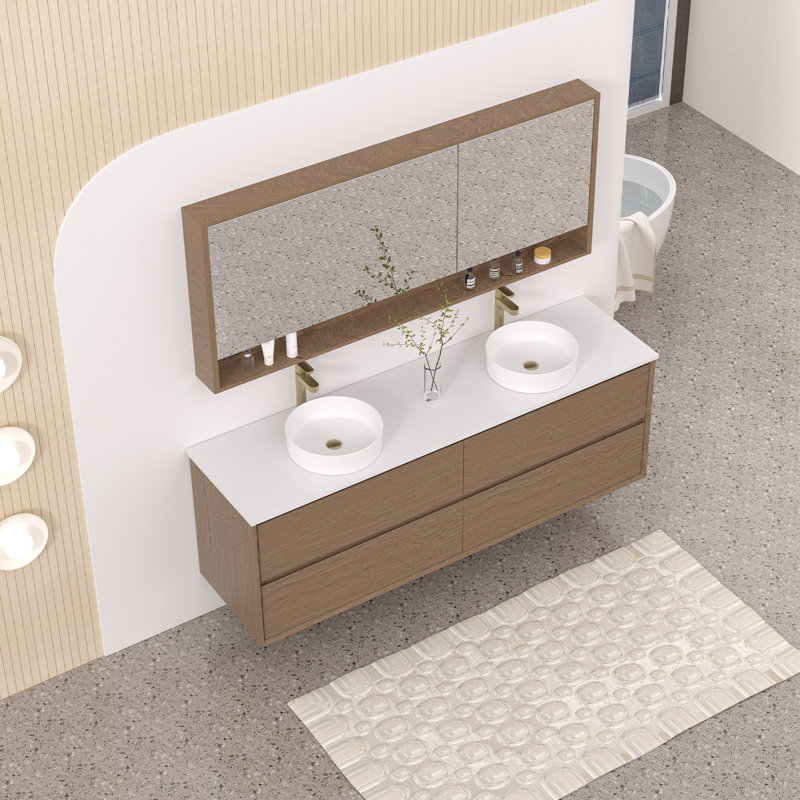 Meuble-lavabo double 72 po avec comptoir en quartz blanc et vasques en céramique, 72 po