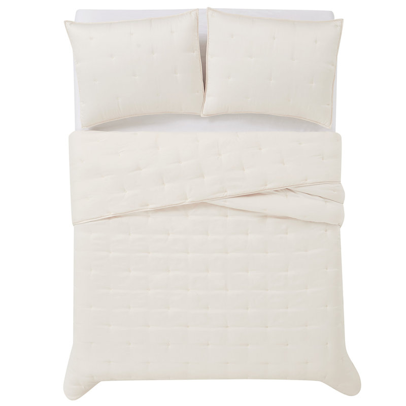 Ivory Twin Microfiber Quilt Set with Gathered Embellishment