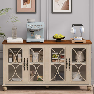 Elegant European Antique Style 4-Door Cabinet With Tempered Glass Doors,For Dining Room,Living Room,Hallway,Easy Assembly
