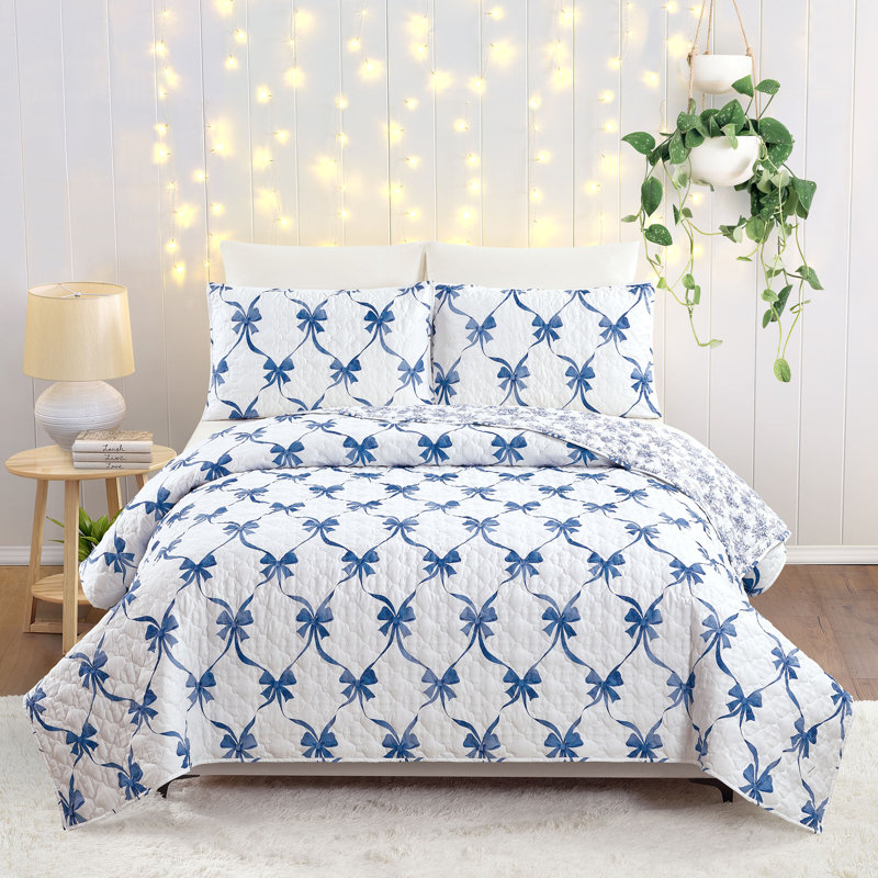 Ensemble de courtepointe légère réversible Abigail Bow, Courtepointe pour lit simple + 1 taie décorative , Bleu