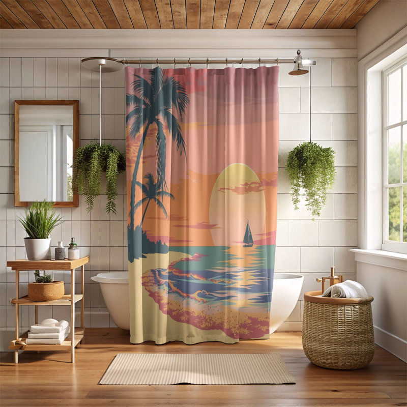 Summer Sunset Scene - Rideau de douche Premium, H 74 po x l 71 po