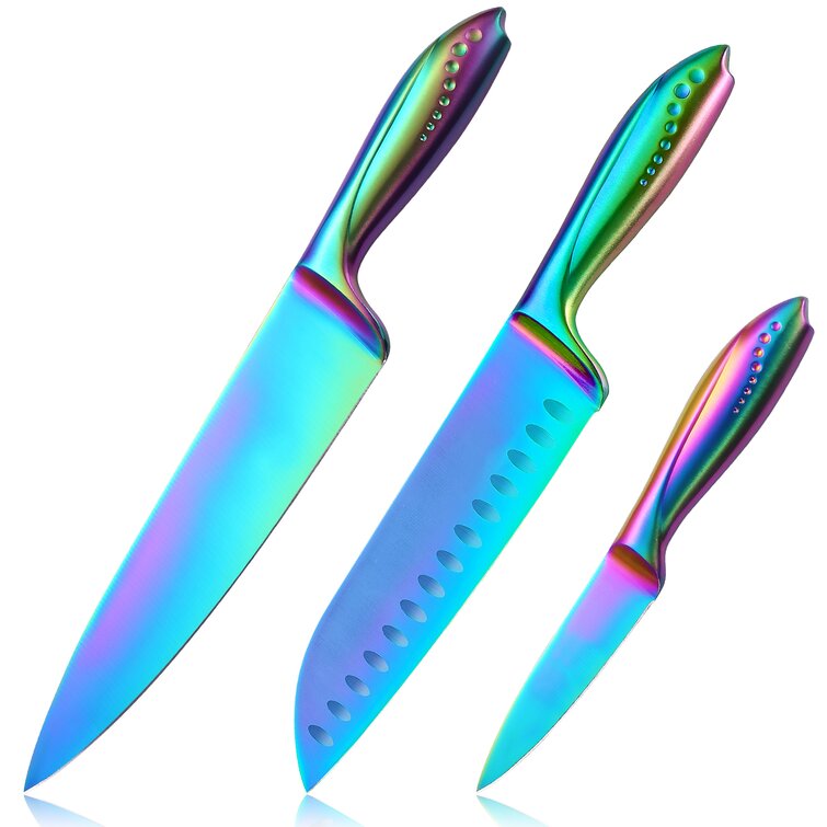 WELLSTAR Kitchen Knife Set 3 Piece, Razor Sharp German Stainless Steel Blade and Comfortable Handle with Rainbow Titanium Coated, Chef Santoku Paring