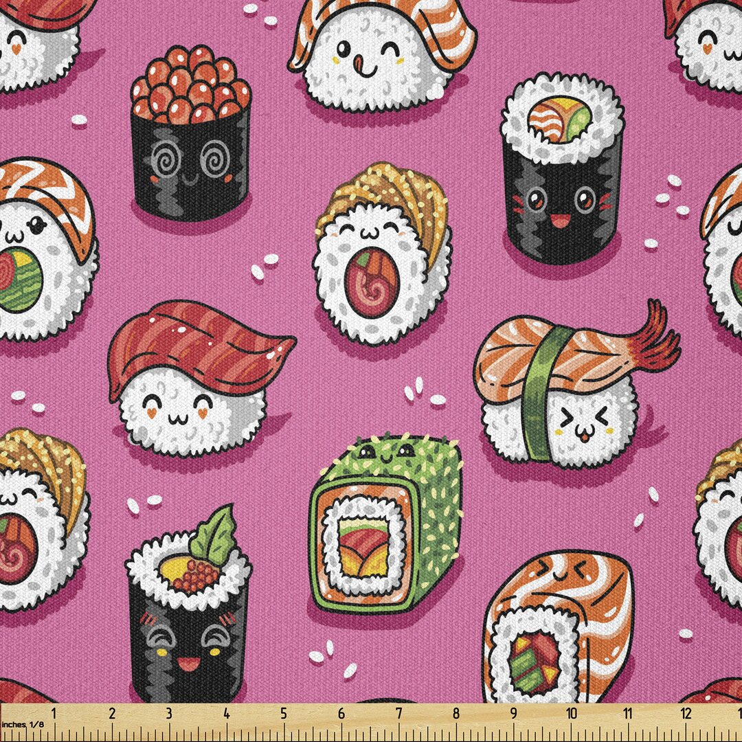 Stoff als Meterware, Kawaii Art Sushi, Wasabi, Rosa und Mehrfarbig