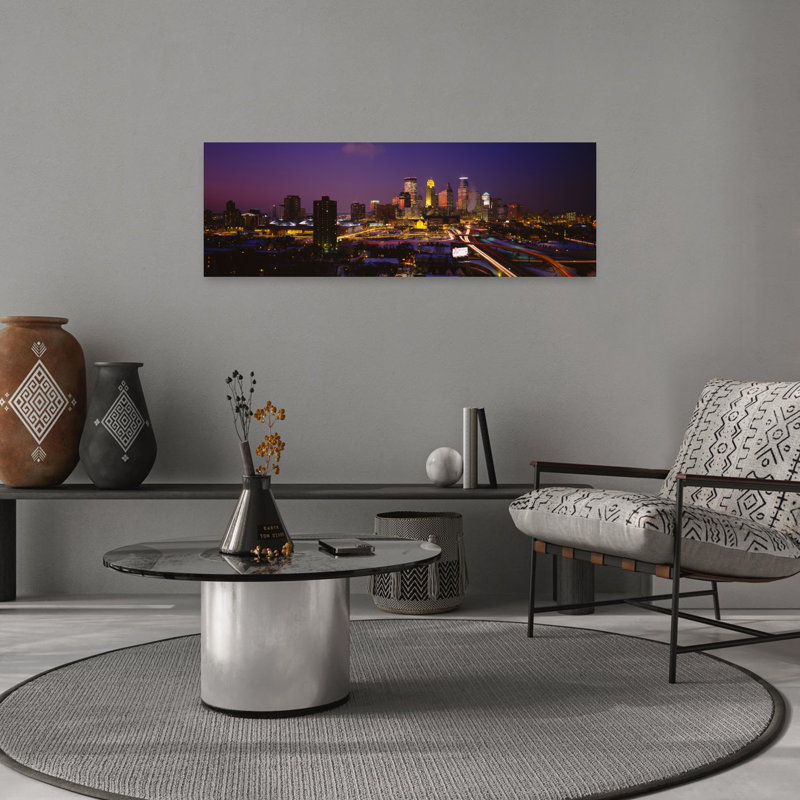 Skyscrapers lit up at dusk Minneapolis Minnesota USA 1 Piece Wrapped Canvas Panoramic Wall Art, 30.48 cm H x 91.44 cm W