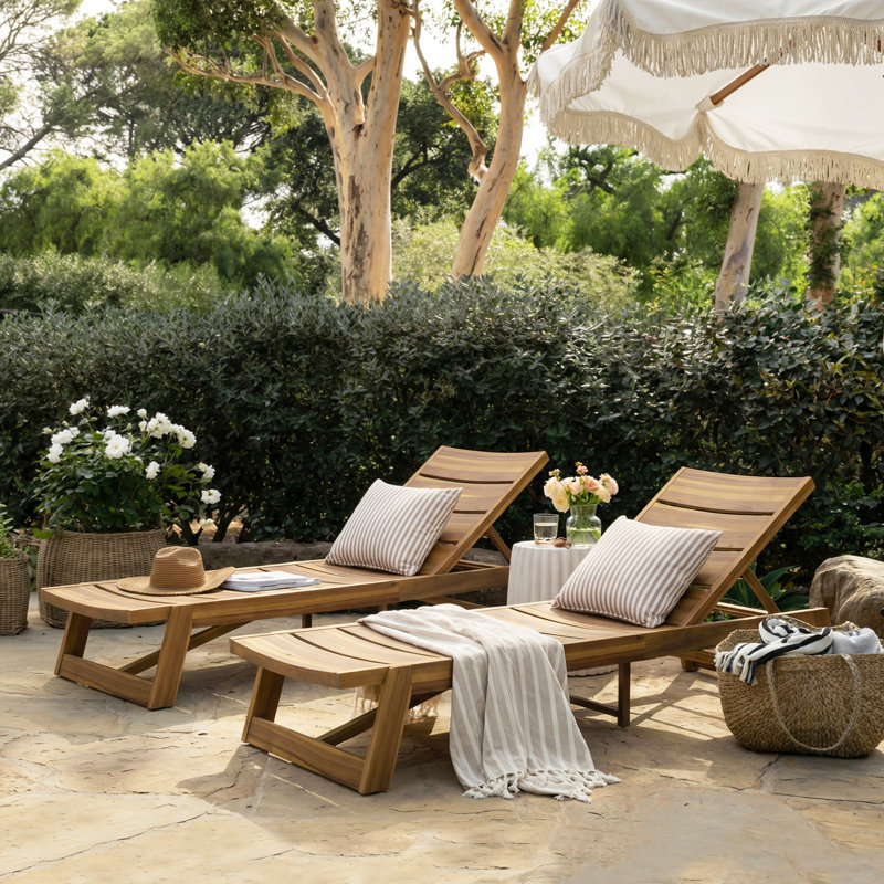 Ensemble de chaises longues inclinables en acacia de 78,75 po Vinita, Teck / gris clair délavé / gris, 1