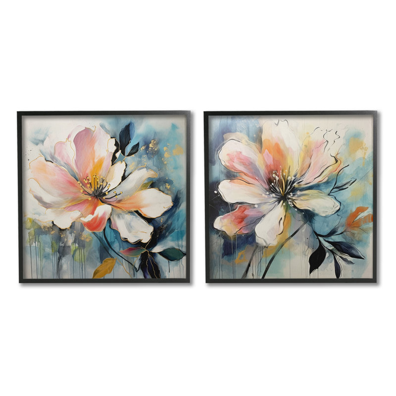 "Modern Dripping Blooms" par Lazar Studio 2 pièces, H 17 po x l 17 po, Giclée encadrée noir minuit