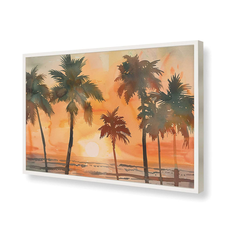 «Sunset Palm Glow», reproduction encadrée, H 12 po x l 15 po, Blanc opaque