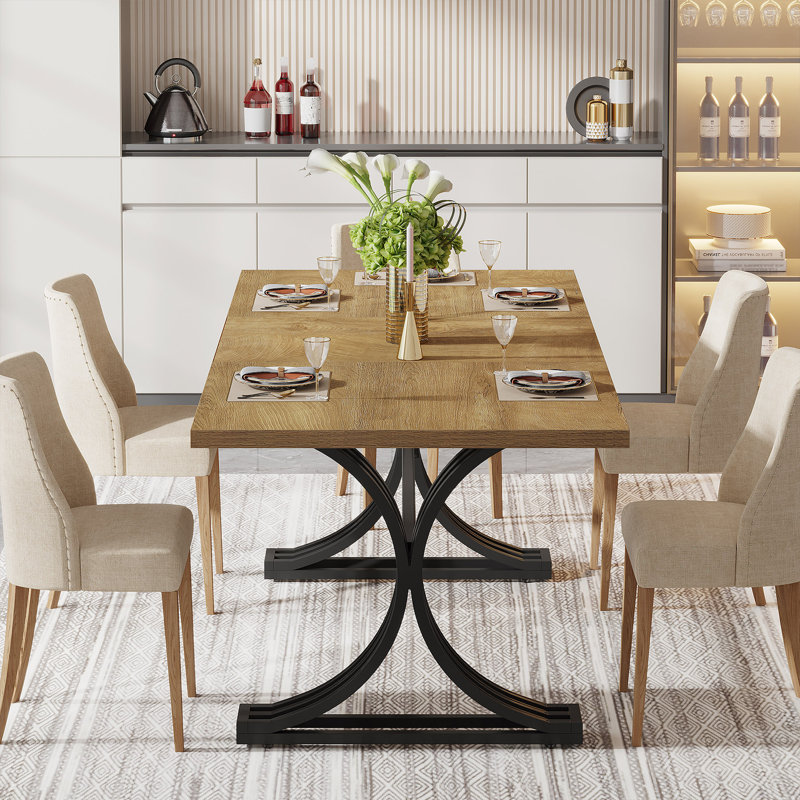 Table de salle à manger, rectangulaire, base en métal, 63 pouces, Noir, noir, noir, noir, Brun