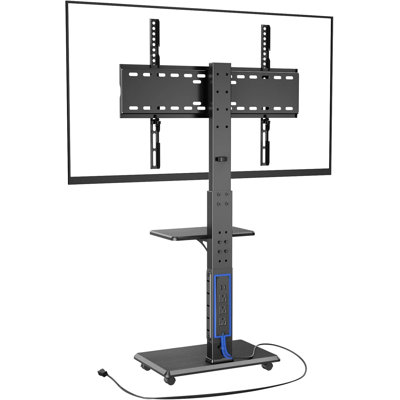 Meuble télé mobile avec prise de courant, chariot à roulettes pour téléviseurs de 32 à 75 pouces jusqu'à 110 lb, 18 réglages de hauteur, pivotant à 30 °, VESA maximum 600 x 400 mm, avec gestion des câbles et tablette de rangement