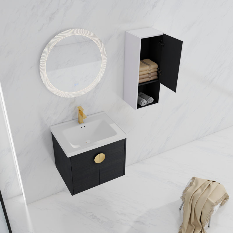 Meuble-lavabo mural 24 po avec lavabo en céramique et armoire latérale, portes à fermeture douce, armoire combinée (emballage KD)