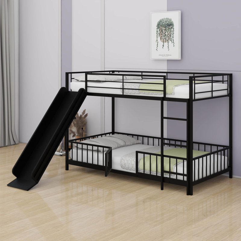 Lit superposé avec porte coulissante, cadre de lit superposé en métal avec barrière de sécurité et échelle pour enfants, Noir
