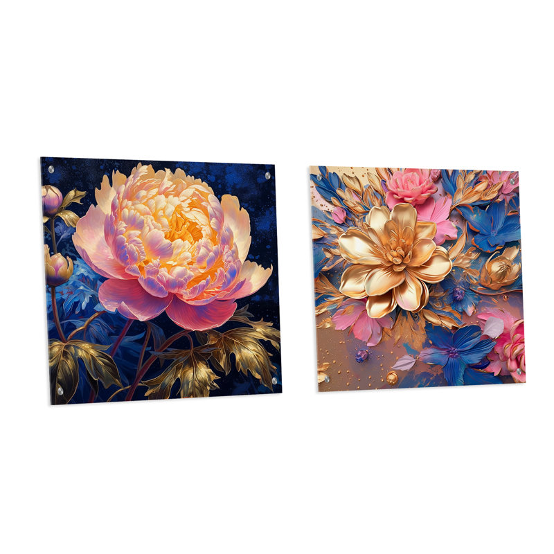 Pivoine rose avec feuilles dorées - coquelicots en acrylique, ensemble de 2 verres, H 36 po x l 73 po