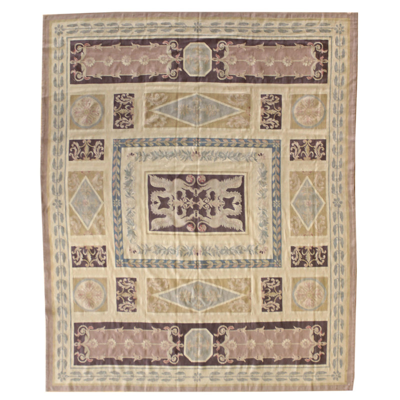 Tapis unique beige / bleu / mauve / rose 7 pi 9 po x 9 pi 1 po Aubusson