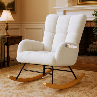 Nursery Rocking Chair, Teddy Upholstered Glider Rocking Chair with Side Pockets, Macfarland Accent Chair with High Backrest Reading Chair for Adult, Nursery, Bedroom, Living Room,Offices