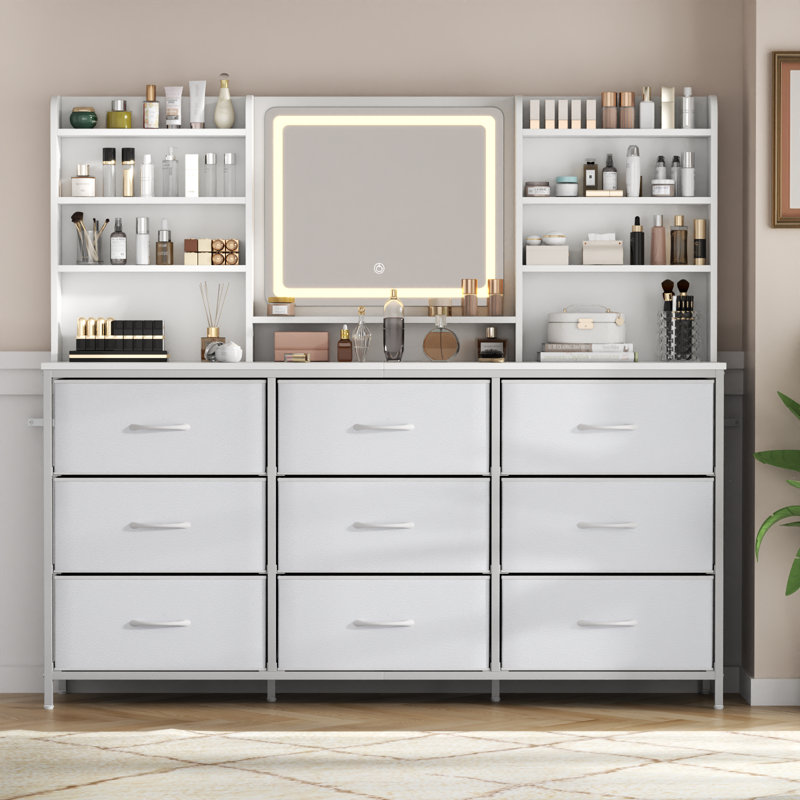 Commode 9 tiroirs pour chambre à coucher avec miroir lumineux et 8 tablettes de rangement