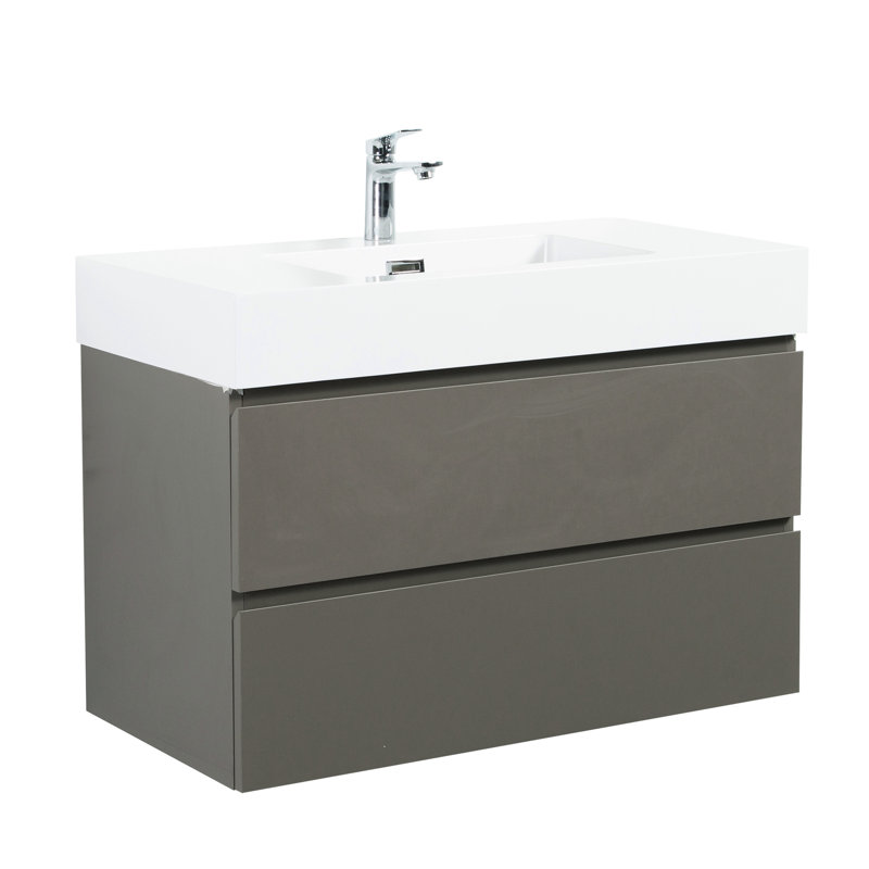 Meuble-lavabo gris avec lavabo - Évaluation murale moderne, amplificateur de rangement à double tiroir, moteur silencieux, poignée sophistiquée - armoire spacieuse de 36 po, glissières et conception élégante