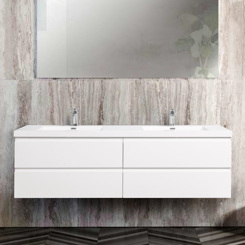 Meuble-lavabo double avec comptoir Garnetta 70,88, Blanc lustré