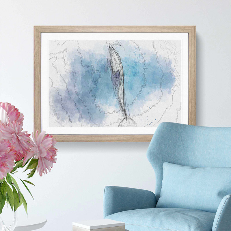 Dolphin Leading the Way in Abstract - Picture Frame Graphic Art Print, Oak Framed, 48cm H x 65cm W x 2cm D