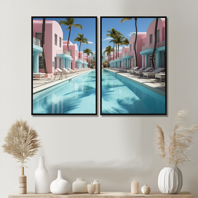 USA Miami Vibes - Art mural bleu à 2 panneaux, 36" H x 48" W, Impression encadrée flottante, Black