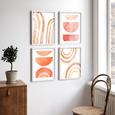 "Aquarelle géométrique pêche et corail, illustrations détendues, décoration murale minimaliste" 4 pièces