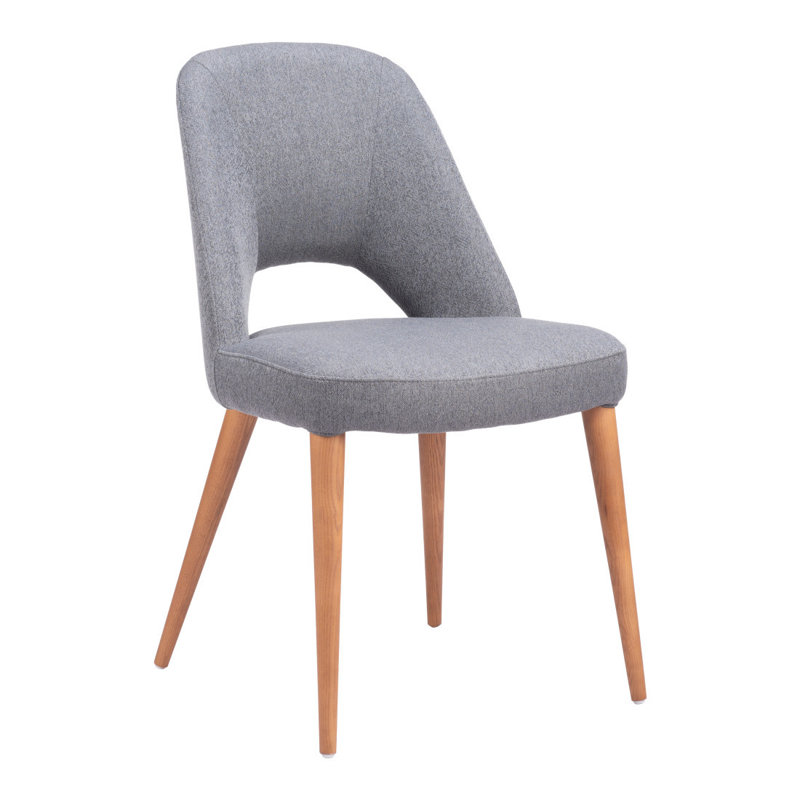 Ensemble de deux chaises de salle à manger d'appoint en tissu gris et marron et bois massif, dossier partiellement ouvert