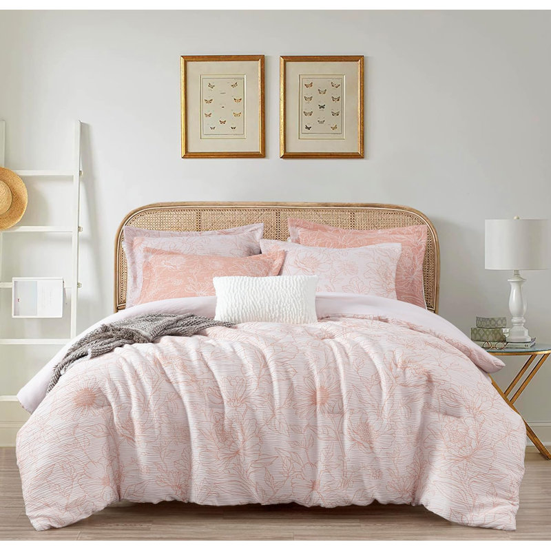 Katrina Floral Jacquard Textured Comforter Set, White/Coral, King Comforter + 5 Additional Pieces