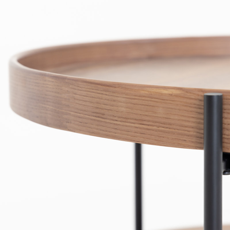 Walnut Round Solid Wood Coffee Table with Metal Legs and Storage