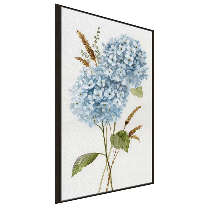 «Petite Blue Hydrangea I» par Nan - peinture sur toile tendue, L 27,5 po x H 43,5 po, Encadrement brun