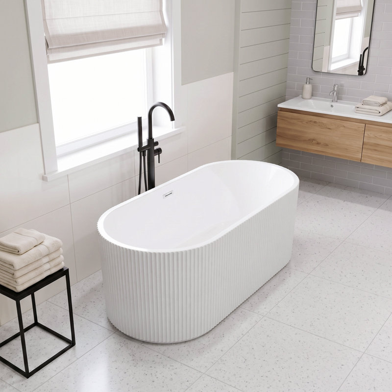 Baignoire autoportante moderne en acrylique linéaire de 150 x 76 cm avec trop-plein et bonde rétractable, certifiée CUPC, blanc brillant