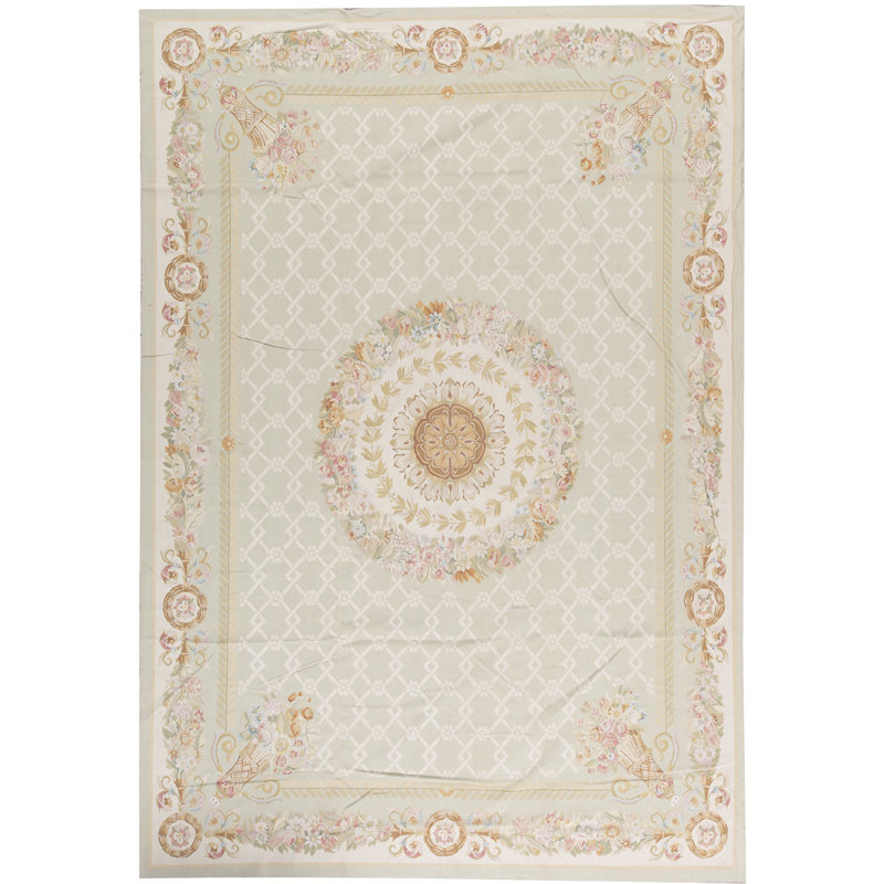 Hand-Knotted High-Quality Green and Ivory Area Rug