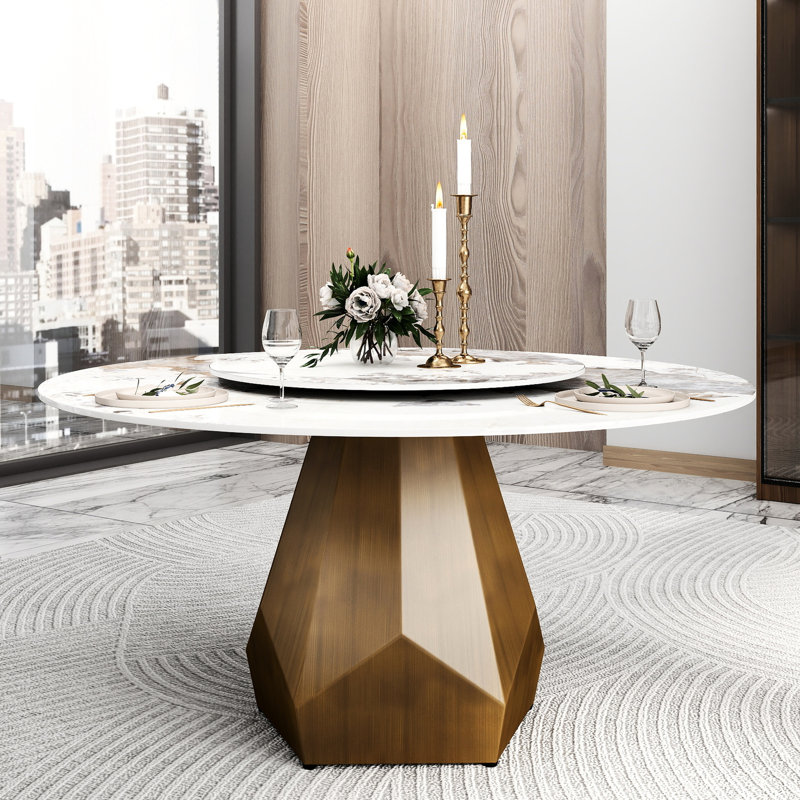 Table ronde de 57,67 po en pierre frittée avec base en métal, disque rotatif blanc de 31,5 po, 6 à 8 sièges, table de salle à manger moderne en laiton antique, rotatif 8