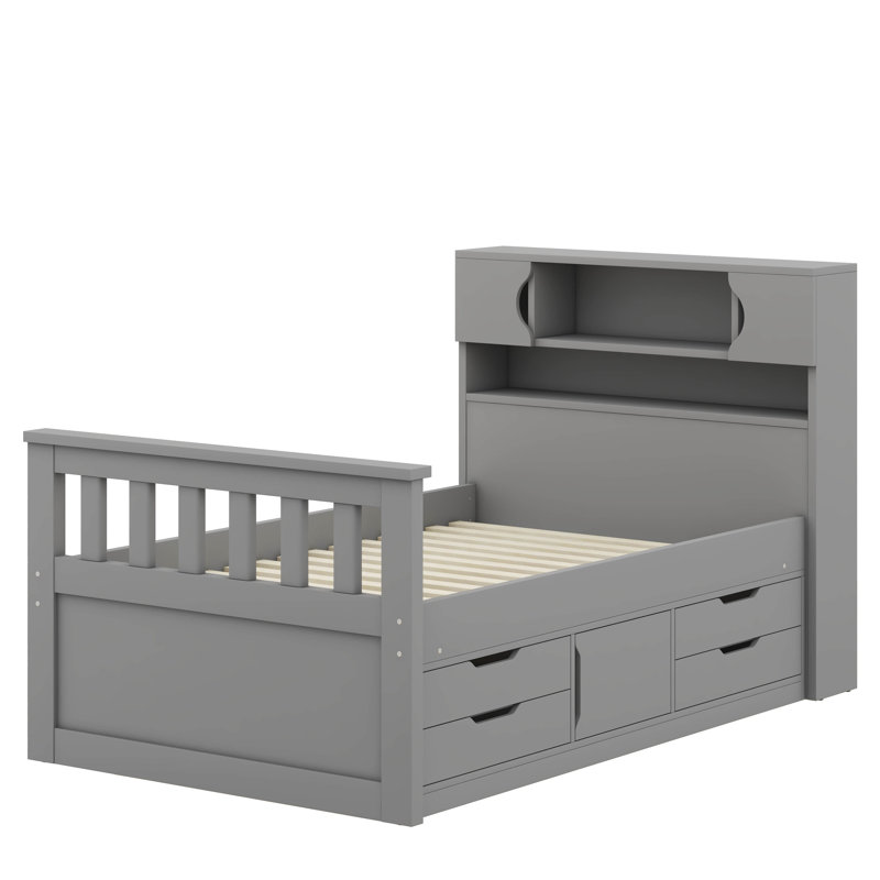 Structure de lit plateforme simple de taille capitaine avec bibliothèques et tablettes de rangement intégrées, y compris quatre tiroirs