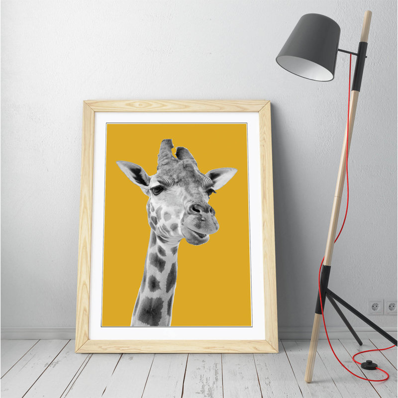 Giraffe - Print on Canvas, 47cm H x 35cm W x 2cm D, White/Yellow Mustard, White Framed