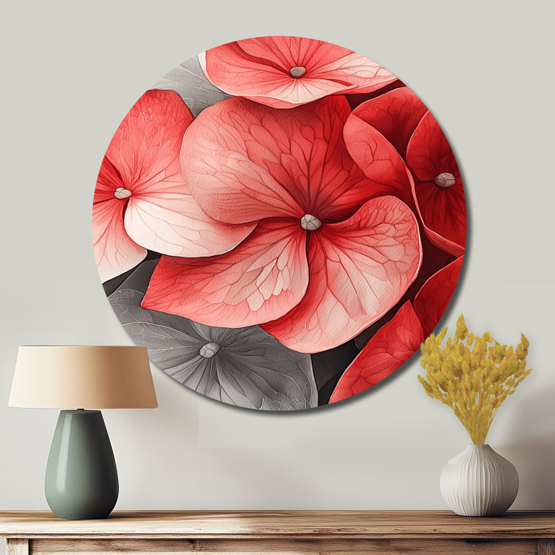 Monogramme de l'hortensia rouge pétale II - hydrangées rondes, art mural en métal, H 36 po x l 36 po
