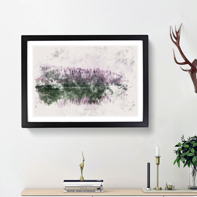 Fog Over Forest In Italy Watercolour - Single Picture Frame Print on MDF, Black Framed, 62cm H x 87cm W x 2cm D