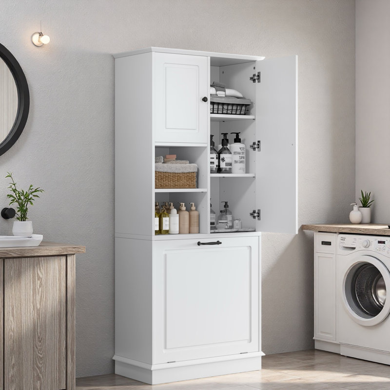 Tall Bathroom Storage Cabinet With Adjustable Shelves, Large Flip-out Basket And Enclosed Cabinets, White