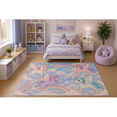 "Ultra Lightweight" 5'x7' Pastel Flying Unicorn Area Rug Rainbow Clouds Fantasy Princess Nursery Bedroom Playroom Decor for Girls Kids Room Non-Slip Silicone Backing Low Pile