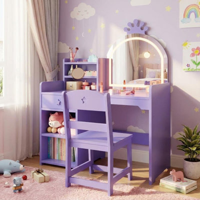 Lighted Tri-Folding Mirror Kids Vanity Set - 2-in-1 Wooden Princess Makeup Desk & Chair with Touch-Activated Mirror, Drawer, Open Storage Shelves, Bookshelf & Cabinet