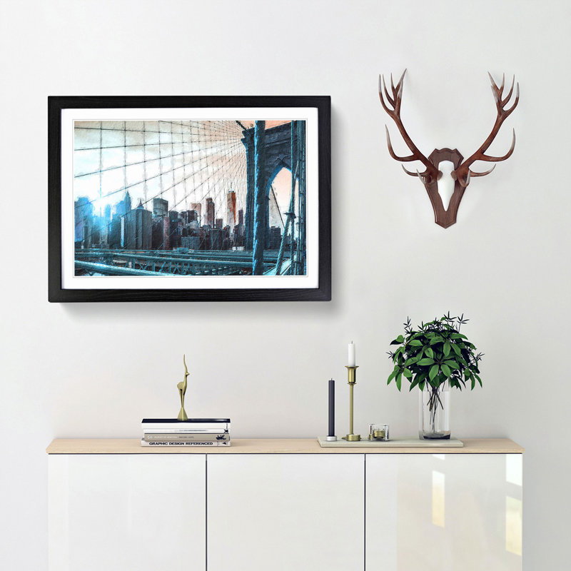 Brooklyn Bridge and New York Skyline - Picture Frame Painting Print, 27cm H x 36cm W x 2cm D, Black Framed