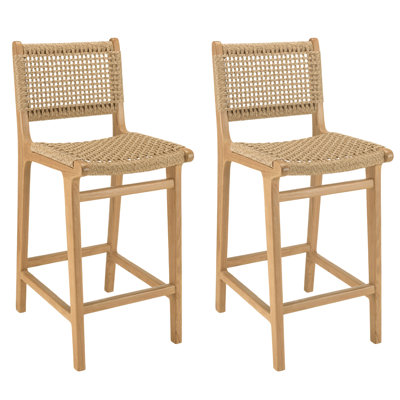 Set Of 2 Garden Bar Stools Teak Synthetic