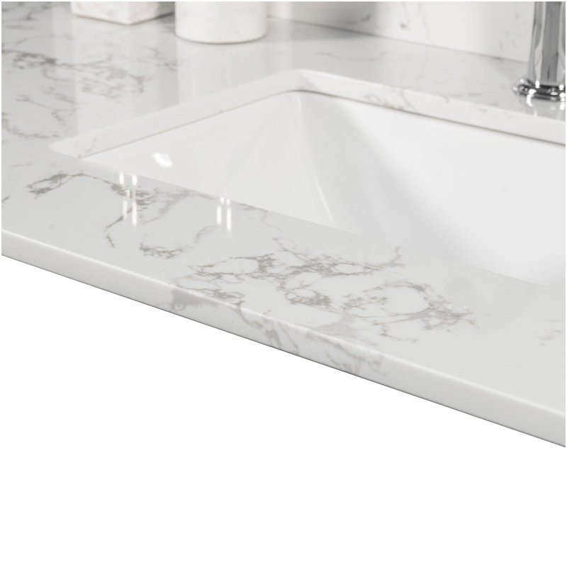 Dessus de meuble-lavabo en pierre de 43 po x 22 po Montary avec marbre blanc de Carrare avec lavabo rectangulaire encastré en céramique et trou de robinet simple avec dosseret.