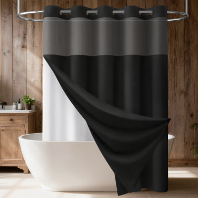 Instant Install Hook Slub Linen Textured Shower Curtain with Snap-in Liner and Mesh Top Window, Heavy Duty Waterproof Fabric Shower Curtain Set, Modern Simple Hotel Style Spa Elegant Decorative Shower Curtains for Bathroom