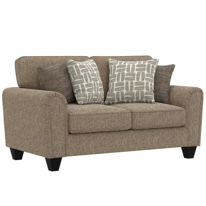 Tan Upholstered Loveseat with 4 Throw Pillows