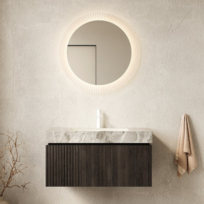 Meuble-lavabo de salle de bain flottant 36 po, rangement en contreplaqué, comptoir en pierre frittée grise, lavabo en céramique, bois imperméable, grand comptoir de rangement, trou de robinet pré-percé, usure