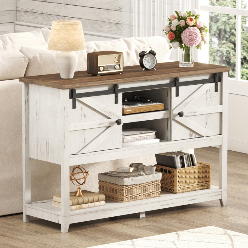 Farmhouse Entryway Table With Adjustable Shelf And Sliding Barn Doors, Hallway Table With Bottom Open Shelf, Behind Couch Table Console Table For Entrance, Living Room, Foyer, Rustic White